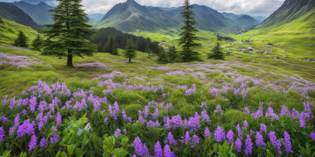 Panoramic view of alpine meadow with lupine flowers and coniferous forestの素材
