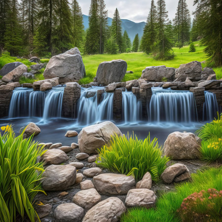Waterfall in the mountains with grass and flowers. Toned.の素材