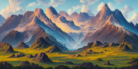 Colorful fantasy landscape with mountain range and meadow. Digital paintingの素材