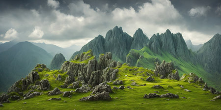 Panoramic view of green meadow and mountains under stormy skyの素材