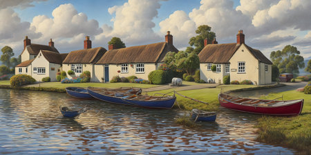 3D render of a cottage with boats on the water, UKの素材
