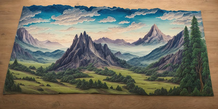 Mountains and forest in the background of wooden boards. Digital painting.の素材