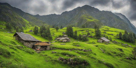 Panoramic view of alpine village in the Swiss Alps.の素材