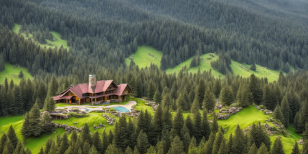 3d rendering of a chalet on a mountain meadowの素材