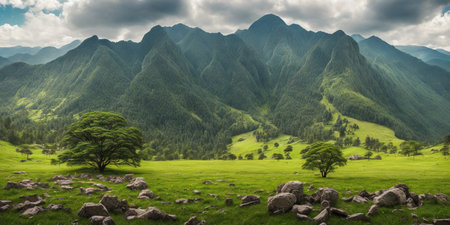 Panoramic view of a green meadow in the mountains.の素材