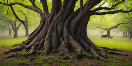 Huge old tree in the misty forest. 3D renderingの素材