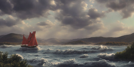 Red sailboat sailing in a stormy sea. 3d renderの素材