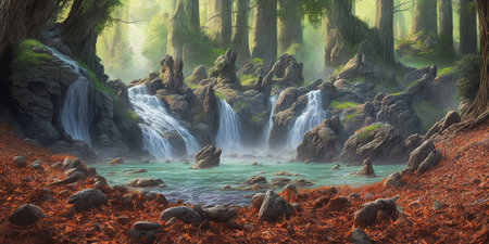 Beautiful waterfall in the autumn forest. 3d render illustration.の素材