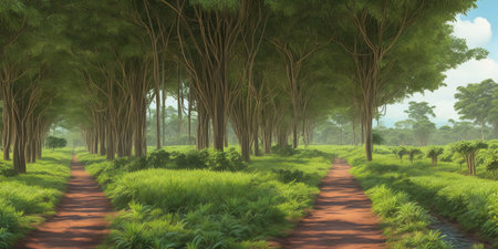 3D render of a path through a row of trees in the jungleの素材