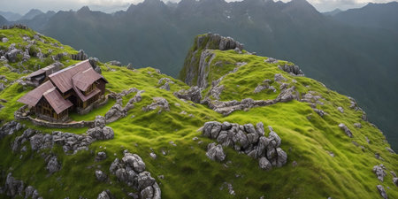 Panoramic view of the top of a mountain in the cloudsの素材