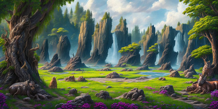 Fantasy landscape with trees, grass and flowers. 3d illustrationの素材