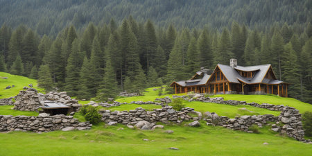 Landscape of alpine meadow and chalet in mountainsの素材