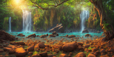 Beautiful waterfall in deep forest at sunset. Panoramic viewの素材