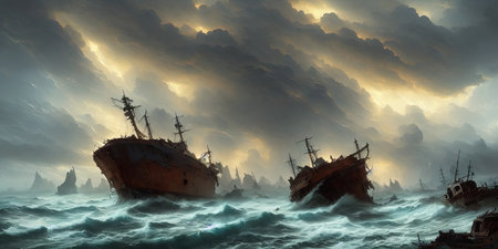Sunken ship in stormy sea. 3D illustration.の素材