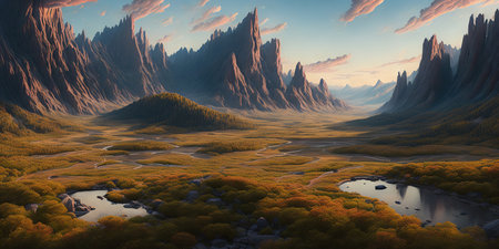 Fantasy alien planet. Mountain and river. 3D illustration.の素材