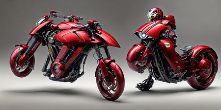 3D rendering of a red sports motorbike on a gray backgroundの素材