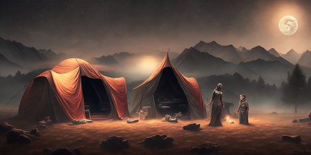 Fantasy landscape with a tent in the middle of a foggy nightの素材