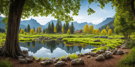Beautiful alpine landscape with lake and mountains in the background.の素材