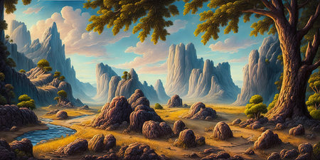 Fantasy landscape with mountains, trees and river. Digital painting.の素材