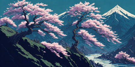 Cherry blossoms and mountains in the background. Vector illustration.の素材