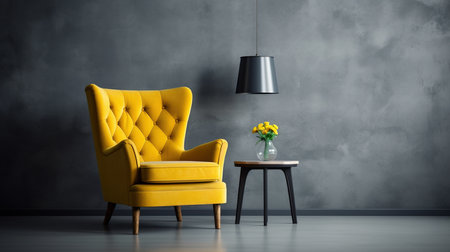 Yellow armchair with vase of flowers and lamp on grey wall backgroundの素材