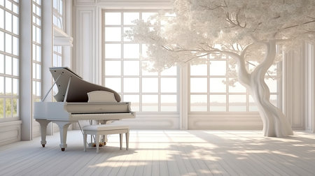 3D render of a white grand piano in a room with large windowsの素材