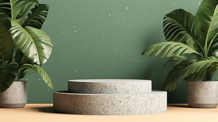 3d render, abstract minimal geometric forms, podiums for your design, green backgroundの素材