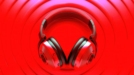 Red headphones on red background. 3d illustration. 3d renderingの素材
