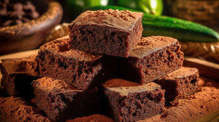 chocolate brownies on a wooden table with green peppers and spicesの素材