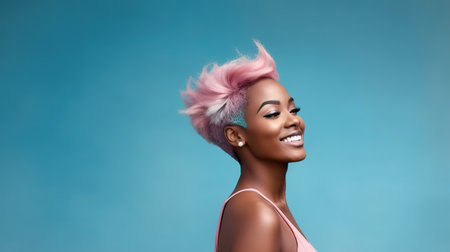 Beautiful african american woman with pink hair on blue backgroundの素材