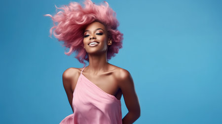 Beautiful african american woman with pink hair on blue backgroundの素材