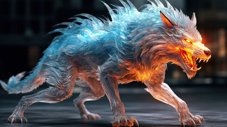 3d rendering of a blue wolf with a fire on its headの素材