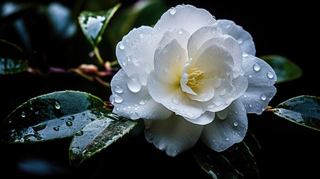 White camellia flower with raindrops on a black background.の素材