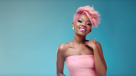 Beautiful african american woman with pink hair on blue backgroundの素材