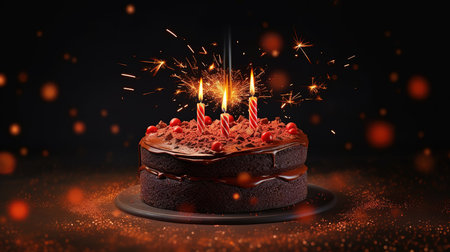Chocolate cake with raspberries and candles on a dark backgroundの素材