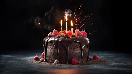 Chocolate cake with cherries and cocoa powder on a dark backgroundの素材