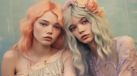 Beautiful twin girls with long hair and bright makeup. Beauty, fashion.の素材