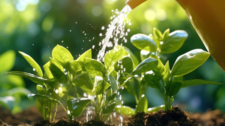 Watering young green sprouts with watering can on blurred nature backgroundの素材