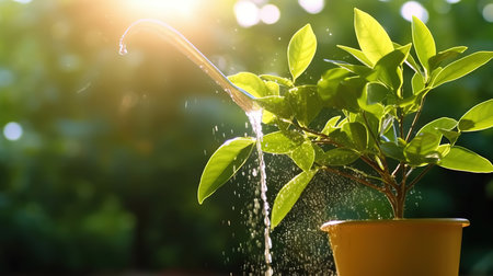 Watering plant in yellow pot with sunlight. Gardening concept.の素材