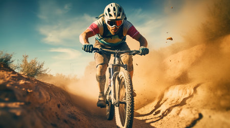 Mountain bike rider in action on the race track. Extreme sport.の素材