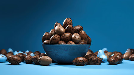 Chocolate Easter eggs in a blue bowl on a blue background.の素材