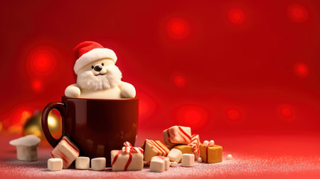 Christmas and New Year background with a cup of hot chocolate with marshmallows and Santa Clausの素材