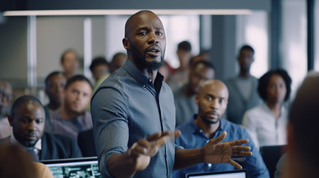 Confident african american businessman talking to colleagues in conference roomの素材