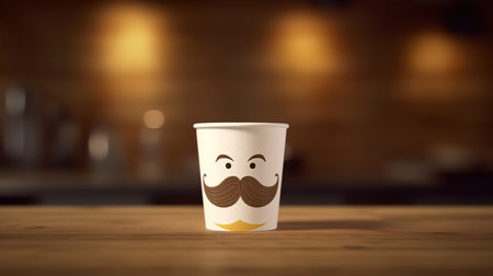 Coffee paper cup with mustache on wooden table in coffee shopの素材
