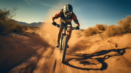 Mountain bike rider in action on the desert road. Extreme sport.の素材