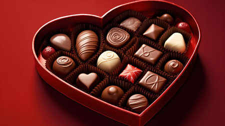 Box of assorted chocolates in heart shaped box on red backgroundの素材
