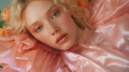 Portrait of a beautiful blonde girl in a pink silk dress.の素材