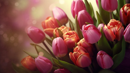 bouquet of pink tulips on bokeh background.の素材