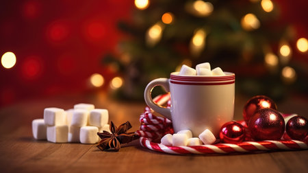 Cup of hot cocoa with marshmallows and christmas tree on backgroundの素材
