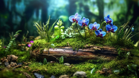 Beautiful blue orchid flowers in a green mossy forest.の素材